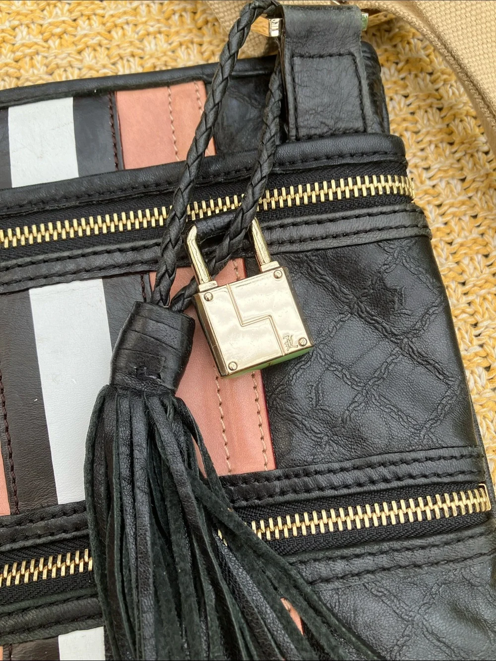 L.A.M.B. By Gwen Stefani Y2K Black with Pink & White Stripes Crossbody